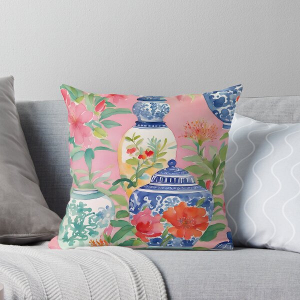 Item preview, Preppy flowers and chinoiserie jars on pink designed and sold by SophieClimaArt.