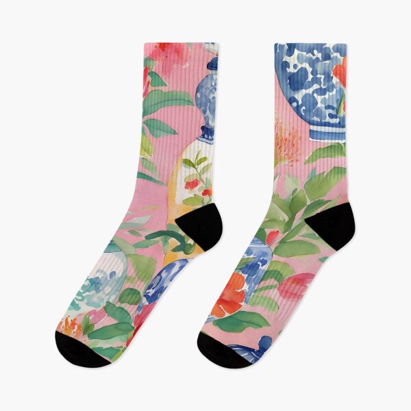 Item preview, Flores preppy y frascos de estilo chinoiserie sobre fondo rosa designed and sold by SophieClimaArt.
