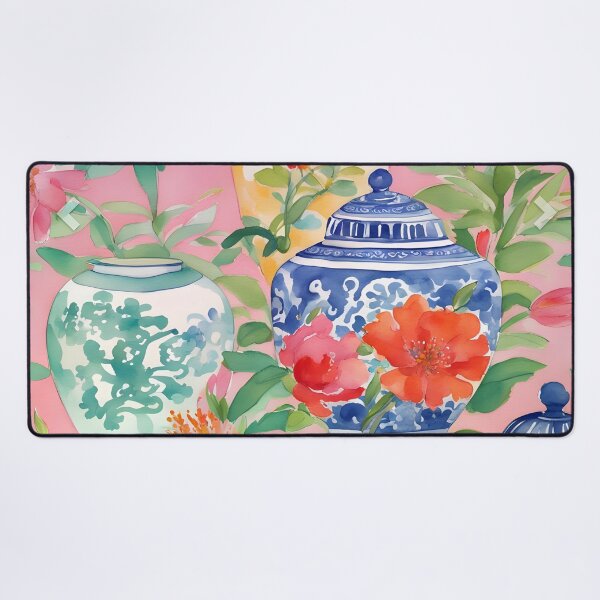 Item preview, Preppy flowers and chinoiserie jars on pink designed and sold by SophieClimaArt.