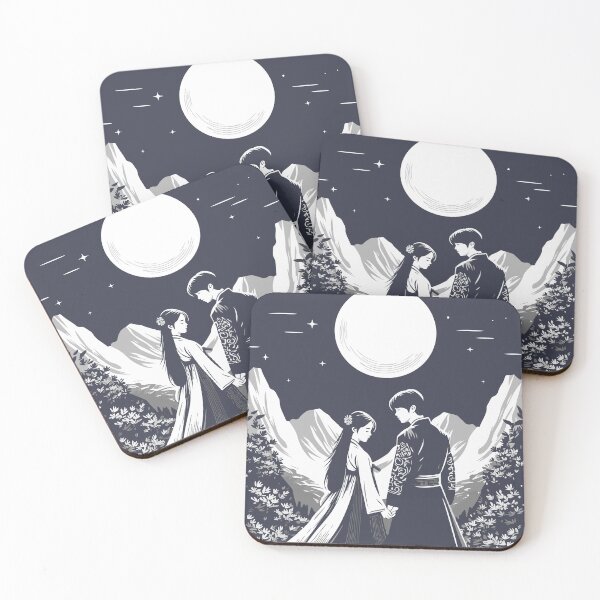 Item preview, Lovers in hanbok with Korean Mountains and Moonlight designed and sold by carodel.
