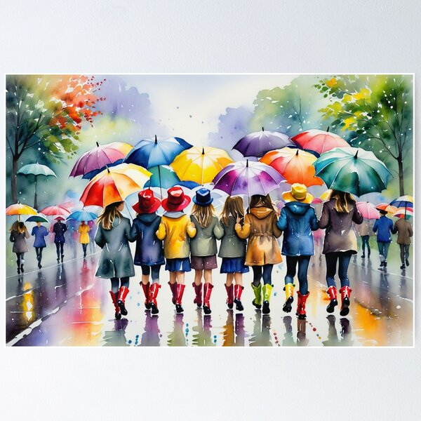 Item preview, Playful parade painting with colorful umbrellas and rain boots designed and sold by PanoramaPrints.