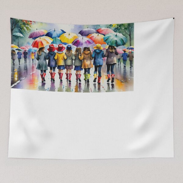 Item preview, Playful parade painting with colorful umbrellas and rain boots designed and sold by PanoramaPrints.
