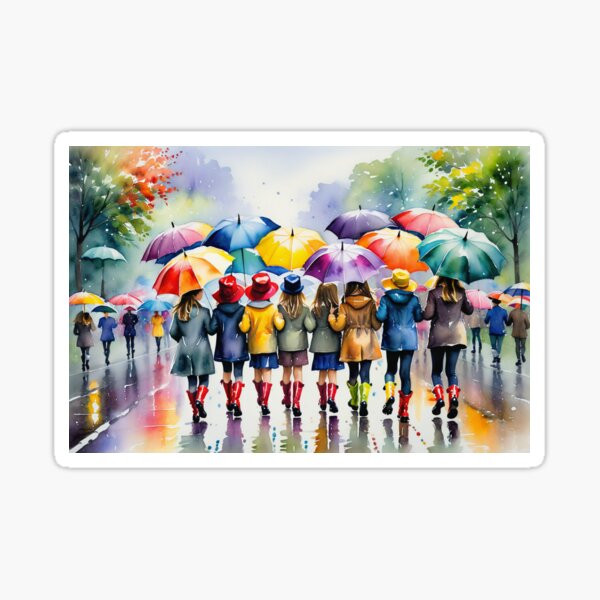 Item preview, Playful parade painting with colorful umbrellas and rain boots designed and sold by PanoramaPrints.