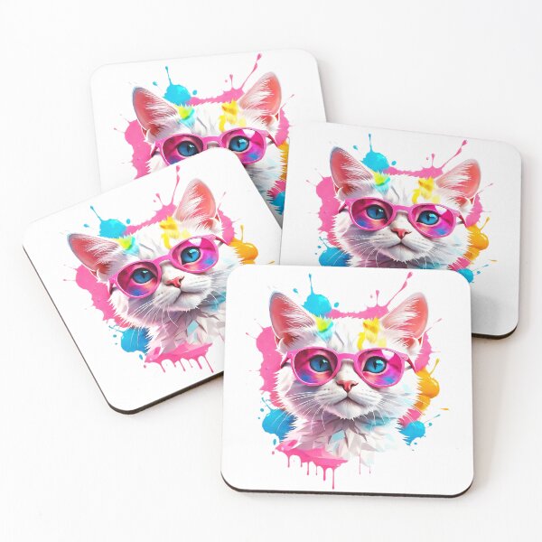 Item preview, Beautiful White Cat with Glasses, background of colorful spots designed and sold by Bricmar.