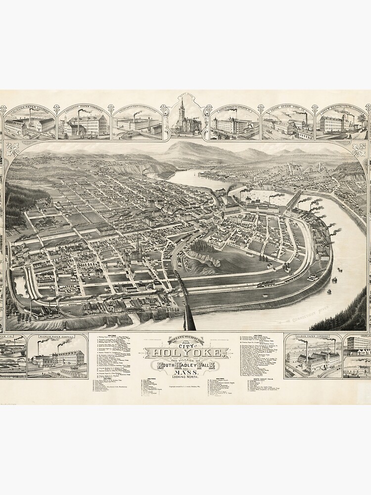 "Vintage Pictorial Map of Holyoke MA (1881)" Tapestry by BravuraMedia 