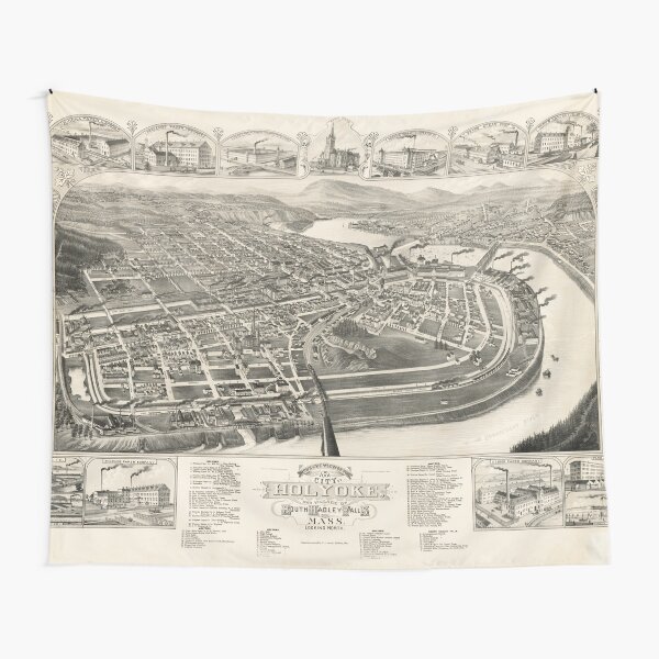 "Vintage Pictorial Map of Holyoke MA (1881)" Tapestry by BravuraMedia 