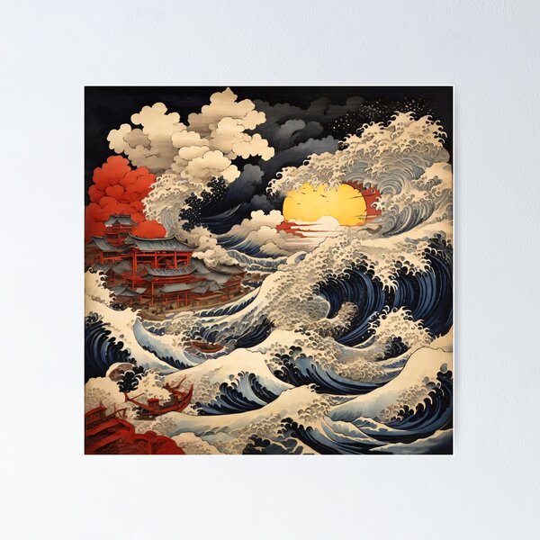 Item preview, Katsushika Hokusais Japanese Waves in a full moon night, illustration designed and sold by boyangyang.