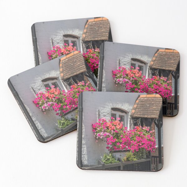 Item preview, Hanging basket of petunias outside an English country cottage designed and sold by Kevin Hellon.