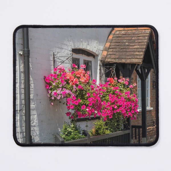Item preview, Hanging basket of petunias outside an English country cottage designed and sold by Kevin Hellon.