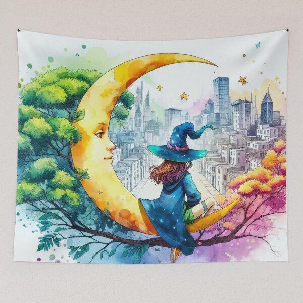 Item preview, A girl wizard sitting on a crescent moon. designed and sold by growing-mom.