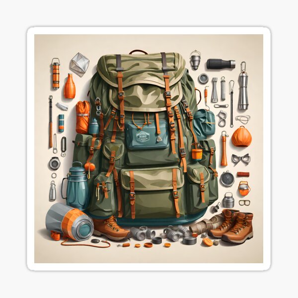 Sticker for Sale avec l'œuvre « Le sac à dos de l'aventurier » de