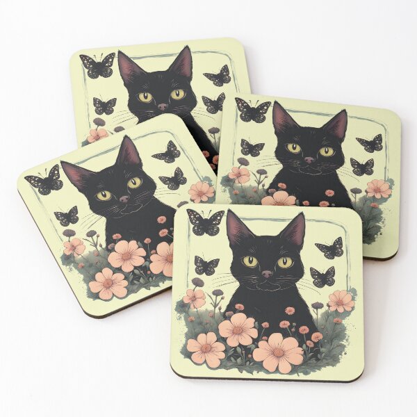 Item preview, black cat flowers and butterflies designed and sold by Catophile.