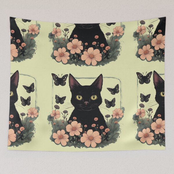 Item preview, black cat flowers and butterflies designed and sold by Catophile.