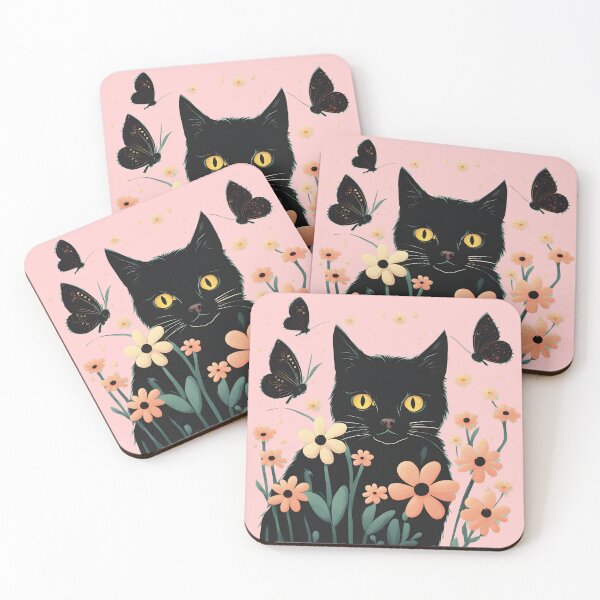 Item preview, black cat flowers and butterflies designed and sold by Catophile.
