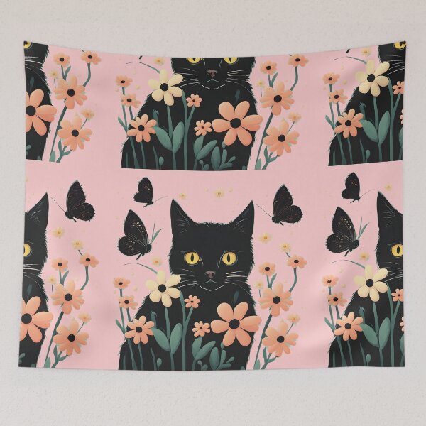 Item preview, black cat flowers and butterflies designed and sold by Catophile.