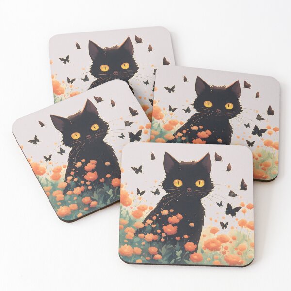 Item preview, black cat flowers and butterflies designed and sold by Catophile.