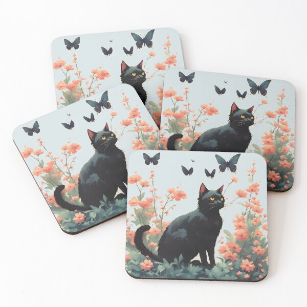 Item preview,  black cat flowers and butterflies designed and sold by Catophile.