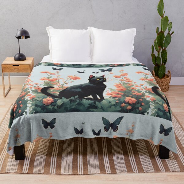 Item preview, black cat flowers and butterflies designed and sold by Catophile.