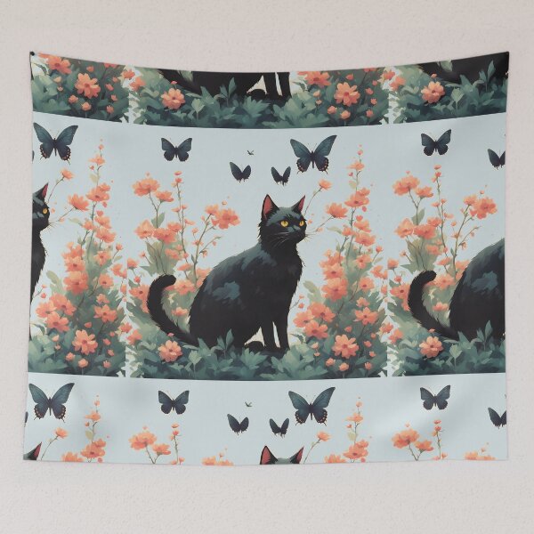 Item preview,  black cat flowers and butterflies designed and sold by Catophile.
