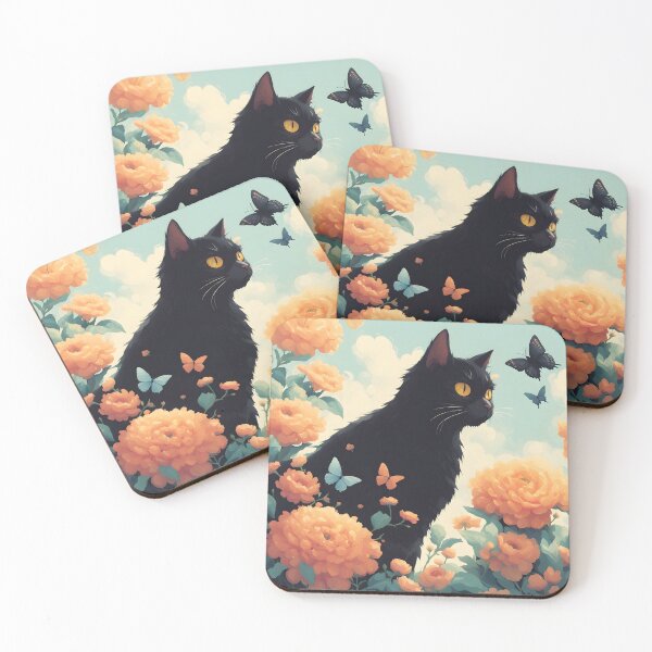 Item preview, black cat flowers and butterflies designed and sold by Catophile.