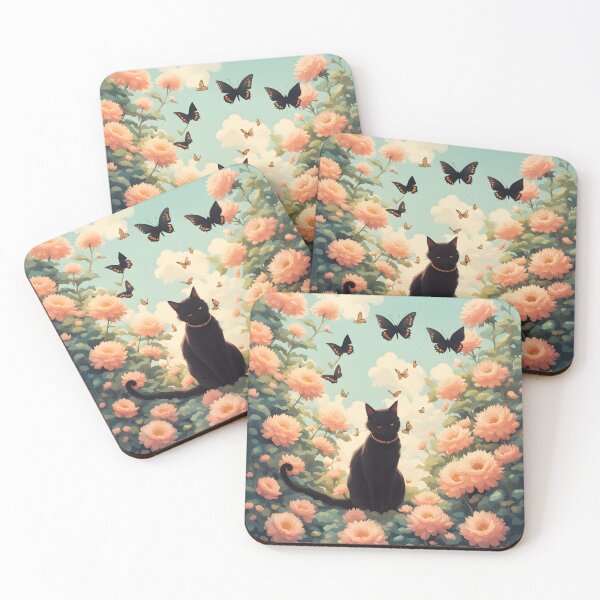 Item preview, black cat flowers and butterflies designed and sold by Catophile.