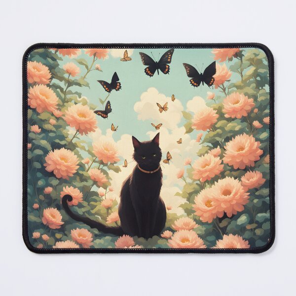 Item preview, black cat flowers and butterflies designed and sold by Catophile.