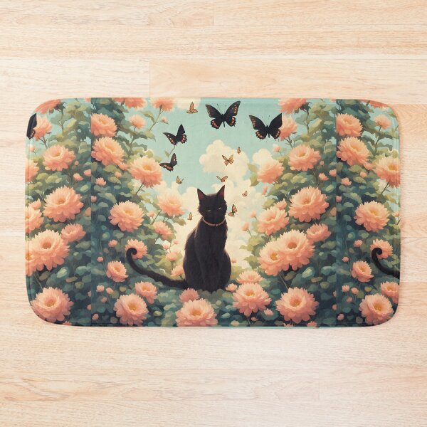 Item preview, black cat flowers and butterflies designed and sold by Catophile.
