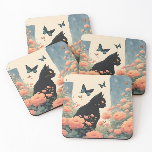 Item preview, black cat flowers and butterflies designed and sold by Catophile.