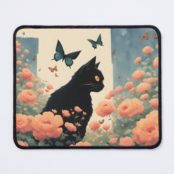 Item preview, black cat flowers and butterflies designed and sold by Catophile.