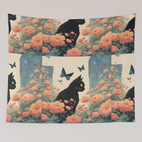 Item preview, black cat flowers and butterflies designed and sold by Catophile.