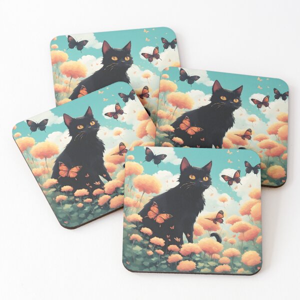 Item preview, black cat flowers and butterflies designed and sold by Catophile.
