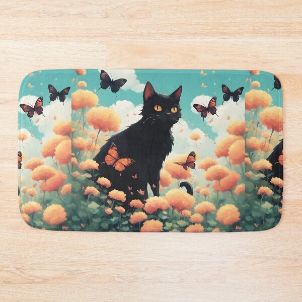 Item preview, black cat flowers and butterflies designed and sold by Catophile.