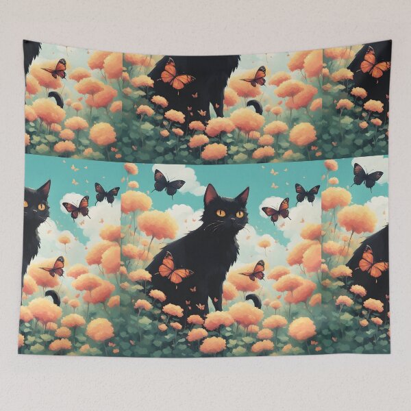 Item preview, black cat flowers and butterflies designed and sold by Catophile.