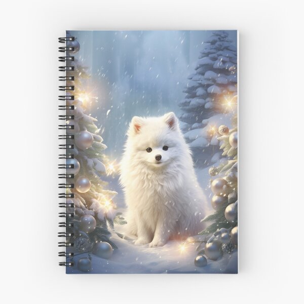 Aperçu de l'œuvre Chiot de Poméranie dans la neige entouré d'arbres de Noël créée et vendue par exitbird.
