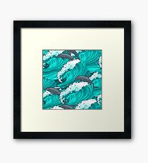 Sea waves with dolphins Framed Print
