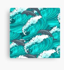 Sea waves with dolphins Canvas Print