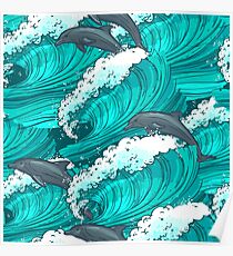 Sea waves with dolphins Poster