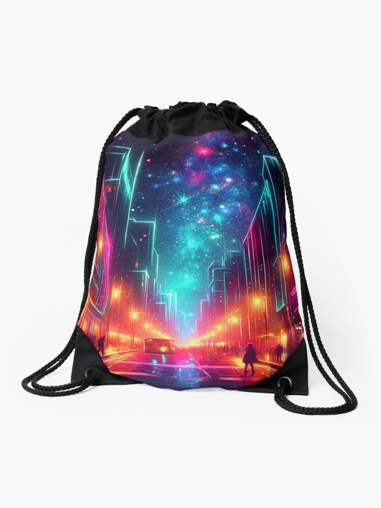 Thumbnail 1 of 3, Drawstring Bag, Starry Night Stroll Illuminated - www.fineaiart.art designed and sold by cokemann.