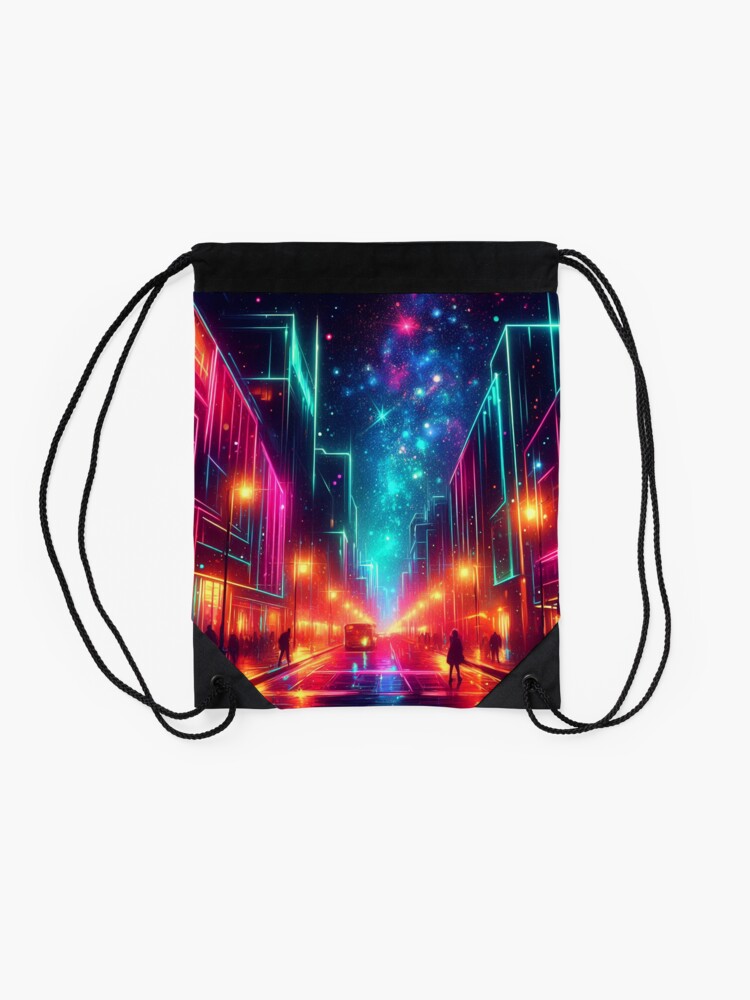 Thumbnail 2 of 3, Drawstring Bag, Starry Night Stroll Illuminated - www.fineaiart.art designed and sold by cokemann.