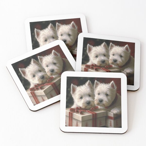 Item preview, West Highland White Terriers posing with presents at Christmas designed and sold by naturemenagerie.