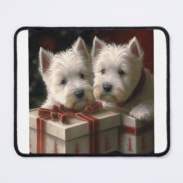 Item preview, West Highland White Terriers posing with presents at Christmas designed and sold by naturemenagerie.