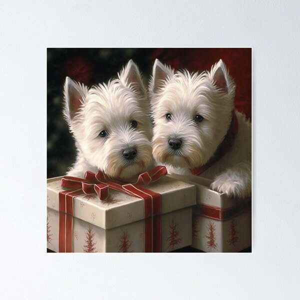 Item preview, West Highland White Terriers posing with presents at Christmas designed and sold by naturemenagerie.