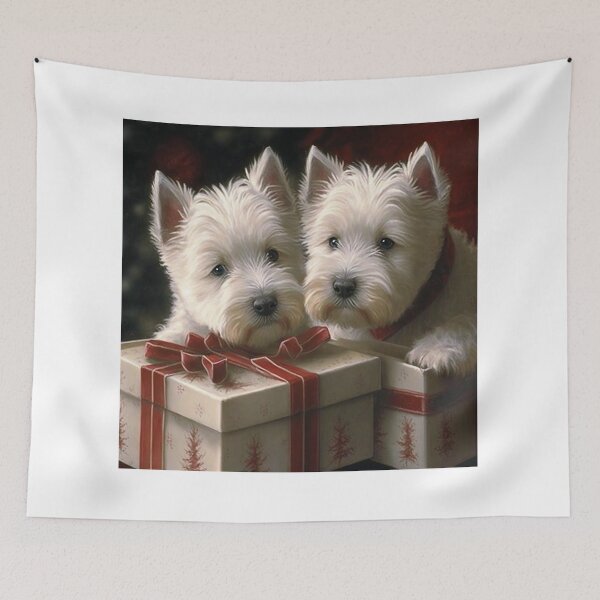 Item preview, West Highland White Terriers posing with presents at Christmas designed and sold by naturemenagerie.