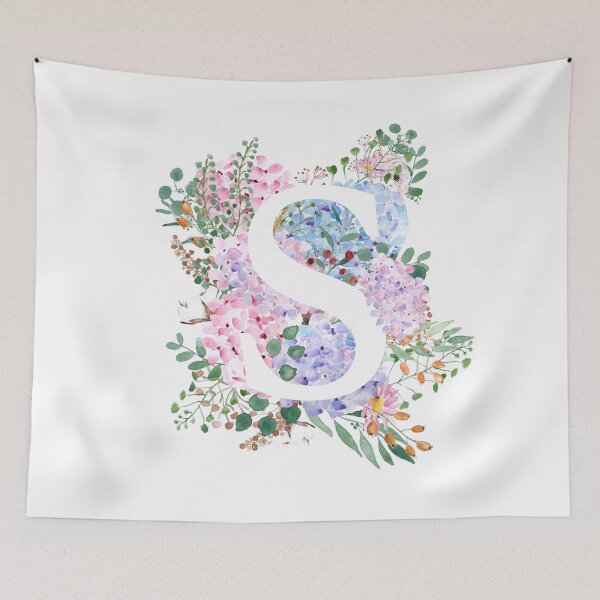 Item preview, botanical monogram alphabet S hydrangea flowers hand painted designed and sold by ColorandColor.