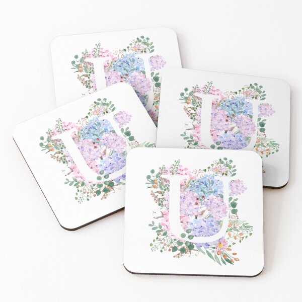 Item preview, botanical monogram alphabet U hydrangea flowers hand painted designed and sold by ColorandColor.