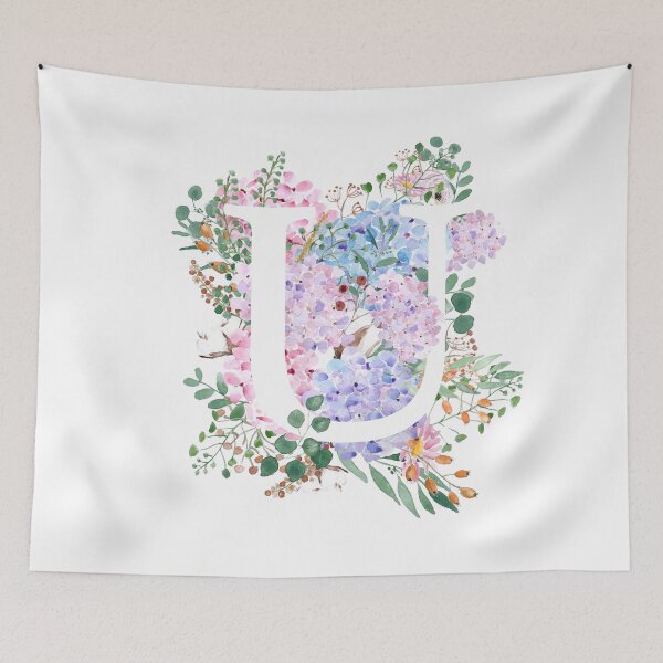 Item preview, botanical monogram alphabet U hydrangea flowers hand painted designed and sold by ColorandColor.