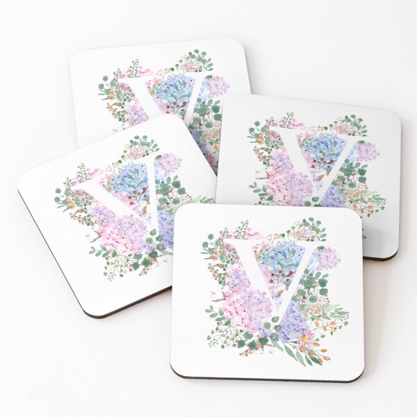 Item preview, botanical monogram alphabet V hydrangea flowers hand painted designed and sold by ColorandColor.