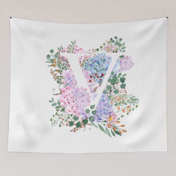 Item preview, botanical monogram alphabet V hydrangea flowers hand painted designed and sold by ColorandColor.