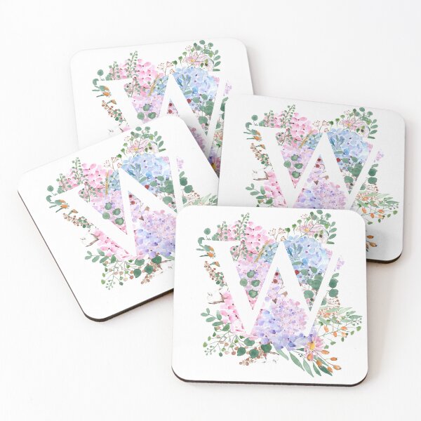 Item preview, botanical monogram alphabet W hydrangea flowers hand painted designed and sold by ColorandColor.