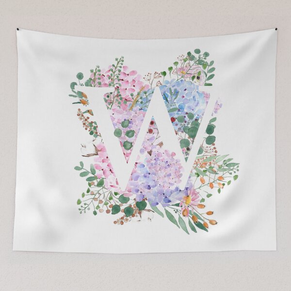 Item preview, botanical monogram alphabet W hydrangea flowers hand painted designed and sold by ColorandColor.